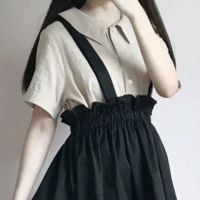 เสื้อผ้าแฟชั่นสำหรับสุภาพสตรี Single/college female Japanese sweet wind suit students short-sleeved shirt suspenders skirt of tall waist two-piece new