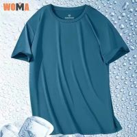 WOMA เสื้อยืดระบายอากาศทรงหลวมแขนสั้นตาข่ายสีทึบบางของผู้ชาย