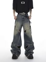 【YD】 HOUZHOU Wide Leg Jeans Pants Men Streetwear Baggy Distressed Denim Trousers Male Oversize Hollow Out Korean Hip Hop