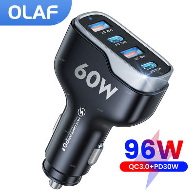 96W 4พอร์ต USB Car Charger Fast Charging Quick Charge 3.0 PD30W USBC Car Phone Charger Adapter สำหรับ Samsung Xiaomi