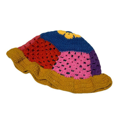 【CW】RH Autumn New Designer Style Cute Crochet Hand Knitted Fisherman Hat Female Hollow Breathable Joint Patch Basin Hat