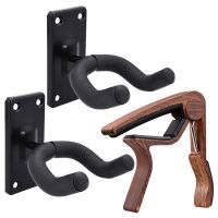 Guitar Wall Mount 2 Pack Black Guitar Hanger with Guitar Capo for Acoustic Electric Guitars