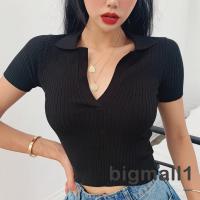 Ns-ashion Short Sleeve V-neck Knit Stylish Lapel Solid Color Crop Tops