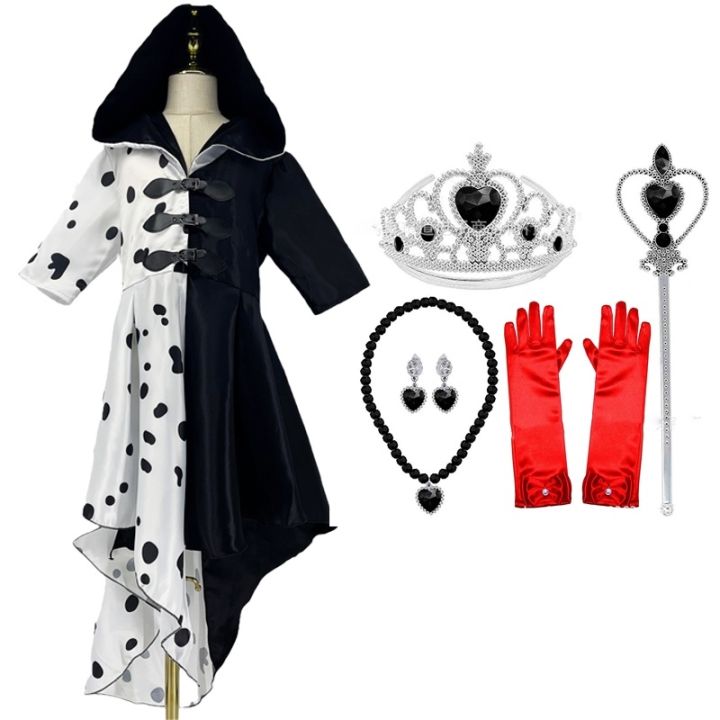 Cruella De Vil Cosplay Costume Women Gown Black White Maid Dress With Gloves Wigs Outfits