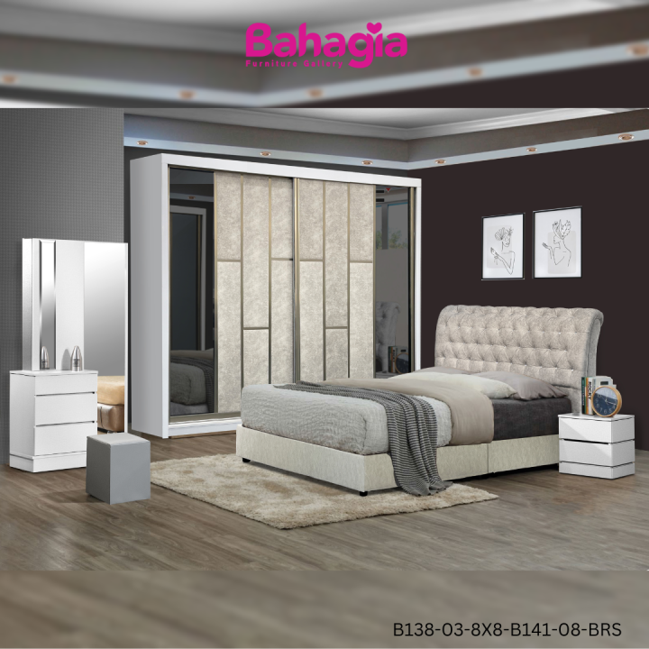 BAHAGIA Diamond white bedroom set (Bedframe + 8ftx 8ft Wardrobe or 6ftx ...