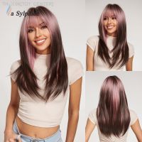 La Sylphide Long Straight Ombre Pink and Brown Wigs with Bangs Synthetic Wig with High Quality Daily Natural Heat Resistant Hair [ Hot sell ] TOY CENTER