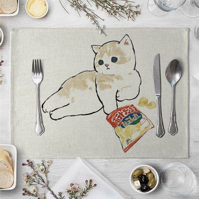 【LZ】✆✒  Creative Funny Cat Pattern Placemats Kitchen Placemats Coasters Cotton Linen Mats Coffee Cups Table Mats Kitchen Accessories