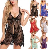 Plus Size Nightgown Women Deep V-neck Sexy See Though Underwear Lace Mesh Backless Lingerie Femme Sleeveless Slit Pajamas