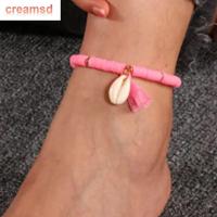 CREAMSD สร้อยข้อเท้าพู่หลายสีโบโฮอะคริลิกต่างหูเปลือกหอยทำมือลูกปัดน่ารักสำหรับผู้หญิง