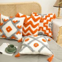 Nordic Style Orange Gray Tufted Throw Pillow Case with Tassel Boho Woven Geometric Striped Square Cushion Cover Decor