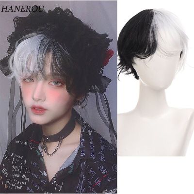 Men Short Wig Black White Splits Synthetic Wig With Bangs For Boy Costume Anime Cosplay Wig Slight Curly Natural Hair
