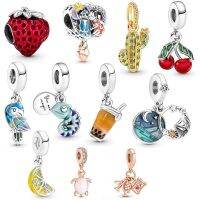 2022 Summer Cactus Cherry Chameleon Parrot Strawberry Card Holder Dangle Beads Fits Original Pandora Bracelets DIY Making