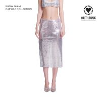 YOUTH TONIC - Midi Low-Waist Skirt Made with Sequin in Silver / กระโปรง เอวต่ำ ทรงตรง แต่งเลื่อม สีเงิน