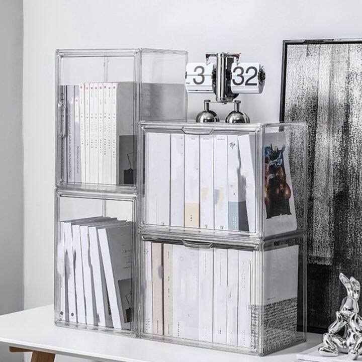 transparent-desktop-book-organizer-dustproof-magazine-storage-box-thickened-plastic-display-rack-bookshelf-display-case