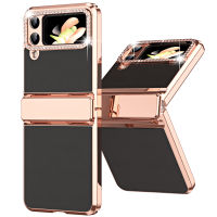 YIQIAN สําหรับ Samsung Galaxy Z Flip 4 เคส พร้อมการป้องกันบานพับแบน, ออกแบบชิ้นเดียว Z Flip 4 เคส ขาตั้งหนังหรูหรา บาง เคสโทรศัพท์แบบรวมทุกอย่างสําหรับ Z Flip 4