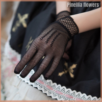 Pinellia Flowers ถุงมือสั้นลูกไม้สไตล์วินเทจของผู้หญิงถุงมือถุงมืองานแต่งงานเดอร์บี้สำหรับงานเลี้ยงน้ำชาความยาวข้อมือลายดอกไม้ถุงมือสำหรับอาหารค่ำเครื่องประดับเครื่องแต่งกายแฟนซี