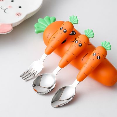 3PCS Carrots Set Stainless Steel Spoon Fork Flatware With Box Baby Children Kids Kitchen Dinnerware Feeding Tableware Supplies