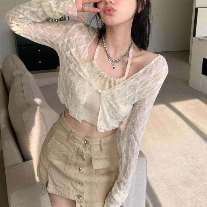 พร้อมส่ง-เสื้อครอปซีทรูเเขนยาวเเบบบาง-สไตลืเซ็กซี่-สีพื้นๆ-สำหรับผู้หญิง