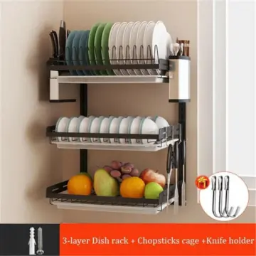 Stainless Steel Wall Mounted Dish Drainer Drying Rack Bowl Plate Storage  with Tray Kitchen Organizer Chopstick Holder Hanging