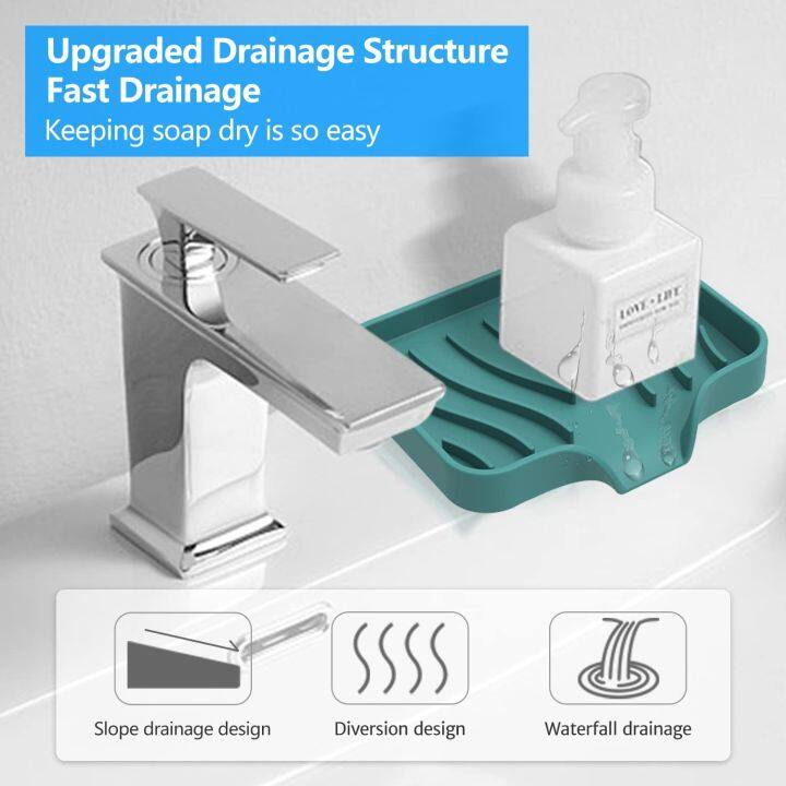 Silicone Kitchen Soap Tray, Sink Tray for Kitchen Counter/Soap Bottles,  Sponge Holder and Organizer with Drain Spout,Dark Grey,2P