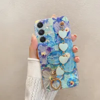 เคสมือถือ Samsung กาแล็คซี่ A24แฟชั่นบลูฝาหลังอ่อนนุ่มสีน้ำมันภาพวาดดอกไม้ป้องกัน + รักสร้อยข้อมือสำหรับกาแลคซี A24โทรศัพท์