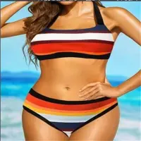 Women Sexy Metal Thong  New Ladies Split Bikini Striped High Elastic Waist Swimsuit Female Manufacturers FY2204