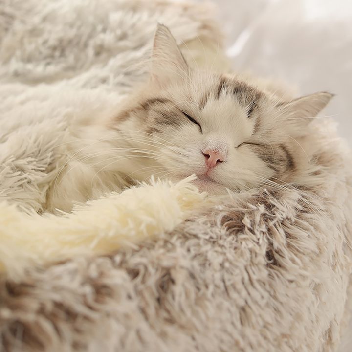 ฤดูหนาวยาวตุ๊กตาสัตว์เลี้ยงแมวเตียงรอบแมวเบาะแมวบ้าน-2-in-1-ตะกร้าแมวอบอุ่นแมวนอนถุงแมวรังสุนัขสำหรับสุนัขขนาดเล็กแมว