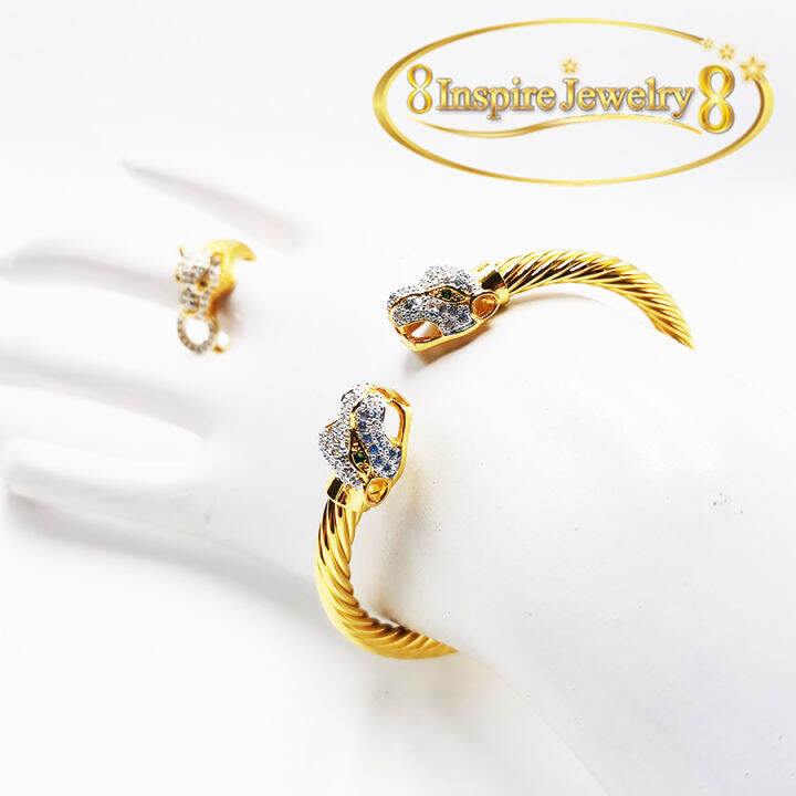 inspire-jewelryชุดเซ็ทกำไลหัวเสือและแหวนฝังเพชรcz-ตาพลอย-free-size-งานดูแพง-เพชรเล่นแสงดีมาก-งานชุปทอง