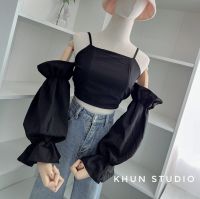 K1 เสื้อสายเดี่ยวต่อแขน งานป้าย Khun studio ตีเกร็ดหน้าอย่างดี สายปรับผูกได้ ผ้าไม่บาง