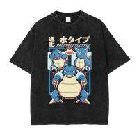 【New】Charizard T-shirts Vintage Washed Anime Pokemon T Shirt Streetwear Casual Style Tshirt Old School Manga Pikachu Tops Tees Men แฟชั่นแขนสั้นผ้าฝ้าย