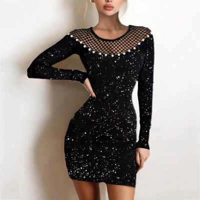 y Shiny Bright Bodycon Bag Hip Party Dress Elegant Women Lace Embroidery V Neck Dress Fashion Rivet Mesh Stitching Mini Dress