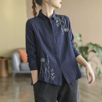 [Spot] new 100% cotton coat womens long-sleeved blouse loose retro floral embroidered shirt 2023