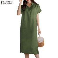 ☬ ZANZEA Women Korean Daily One-piece Short Sleeve V-neck Pockets Split Hem Dress