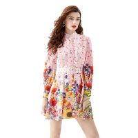 Womens Dress New 2024 Spring and Summer Wavy Wide   Linen Short Mini Printed Dress Pink