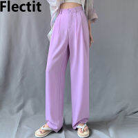 Flectit Womens Pants Wide Leg High Waist Purple Green Long Pants Work Business Trousers Lady Sping Summer 2021 *