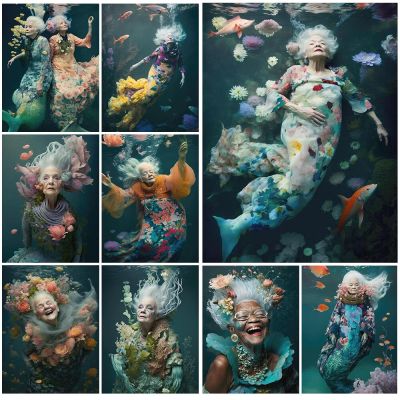 Chic Mermaid Underwater Life Canvas Wall Art-โปสเตอร์ไม่มีกรอบสำหรับตกแต่งบ้านและห้องนั่งเล่น