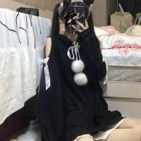 HOUZHOU Autumn Japanese Harajuku Streetwear Women Kawaii Cute Hoodies Black White Off Shoulder Oversize Pullover Korean Gothic