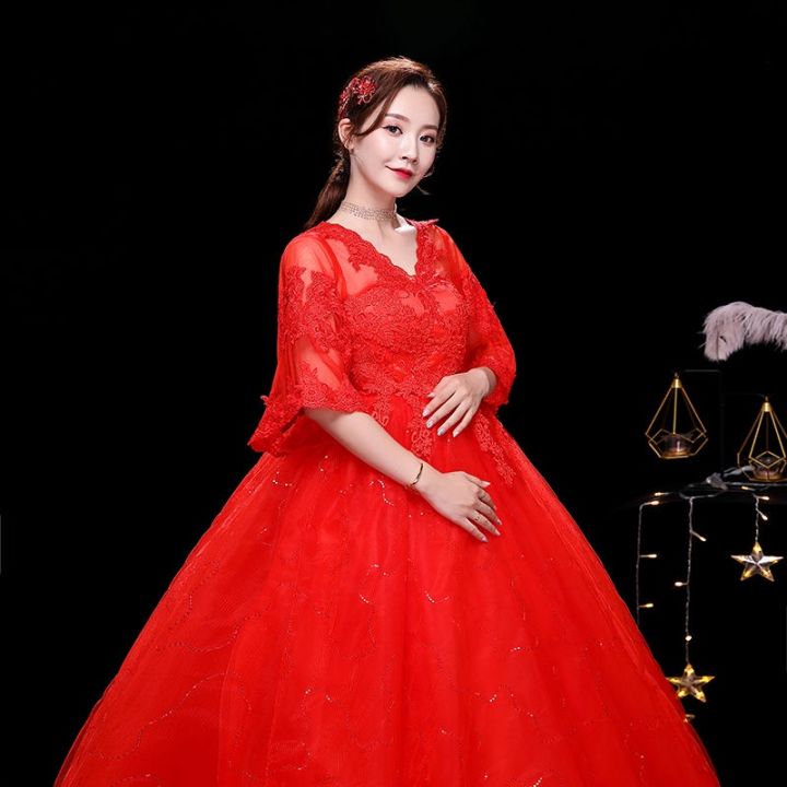 ชุดนางฟ้าสีแดงชุดแต่งงานเจ้าสาวสำหรับสตรีมีครรภ์เอวสูงเกาหลี-qs1141เรียบง่าย
