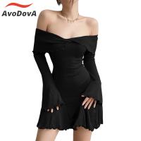 AvoDovA สีทึบไหมพรมเปิดไหล่แบบชุดแบบเสื้อแขนยาวสำหรับผู้หญิงชุดเดรสหน้าร้อนปาร์ตี้ฤดูใบไม้ผลิ