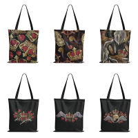 Luxurious Skull Rose Flower Canvas Bag for Women High Quality Thick Women Tote Bag Eco Foldable Reusable Handle Shopper Bag