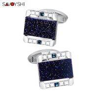 SAVOYSHI บุรุษ Blue Star Stone Cufflink กระดุมข้อมือคริสตัลคุณภาพสูงสำหรับงานแต่งงานของขวัญเพื่อนเจ้าบ่าวฟรีแกะสลักชื่อ