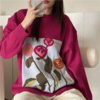 Flower Embroidery Crew Neck Pullover Sweater Womens 2021 Autumn Korean Style Retro Loose Lazy Style Top Rac