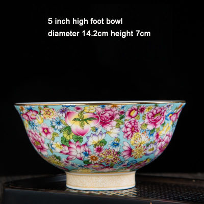 Gold Painted Flower Enamel Rice Bowl Noodles Bowl Single High Foot Anti Scalding Chinese Jingdezhen Bone China Tableware