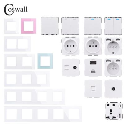 COSWALL C1 Series White Glass Panel Wall Switch EU French Socket HDMI-compatible USB Type-C 4A Fast Charger TV RJ45 Module DIY