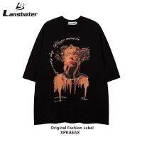 Lansboter ชุดเดินถนนเด็กผู้ชายแขนสั้นคอกลมเสื้อยืดวินเทจมีสไตล์แขนยาวขนาดใหญ่สั้น