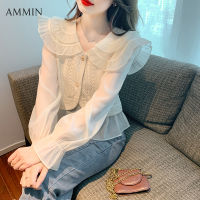 AMMIN 2023เสื้อชีฟองแขนยาวสองชั้นสไตล์ฉบับภาษาเกาหลีสำหรับผู้หญิง,เสื้อเบลาส์แขนบานเสื้อเบลาส์แบบสั้นเสื้อเบลาส์เย็บสองชั้นการออกแบบที่ไม่เหมือนใครหวานสำหรับฤดูใบไม้ผลิและฤดูใบไม้ร่วง