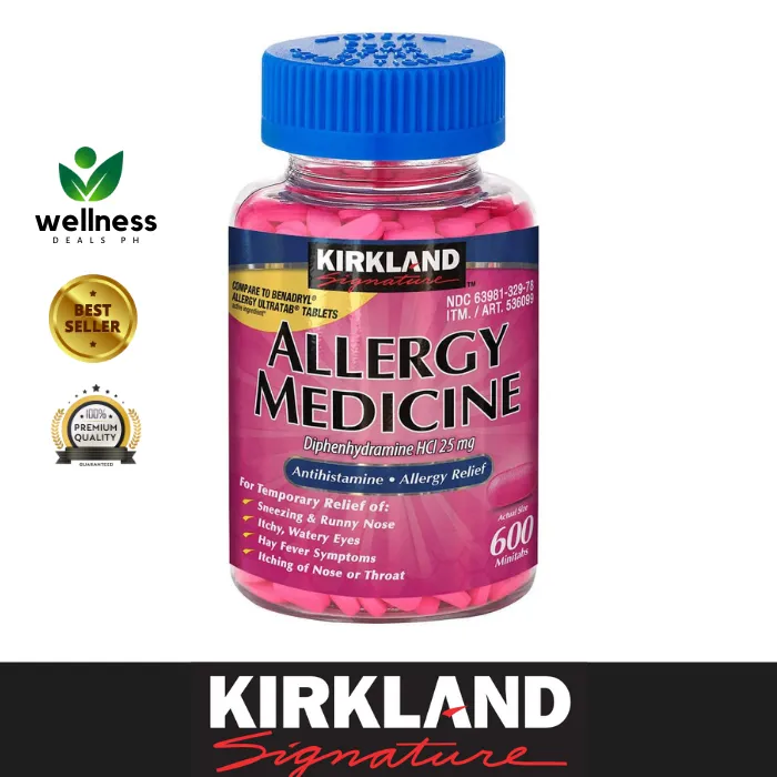 Kirkland Signature Allergy Medicine 25 mg 600 mini Tablets similar to Benadryl Antihistamine 600