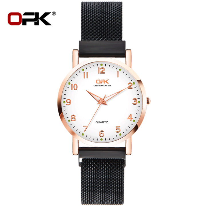 ซื้อ1-take-1-opk-แม่เหล็กนาฬิกาพร้อมชุดสร้อยข้อมือสำหรับผู้หญิง2021ขายกันน้ำ-g-shock-เกาหลีแบบสบายๆหรูหราควอตซ์ทองคำสีกุหลาบนาฬิกาสีดำ