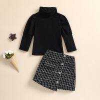 Toddler Baby Girls 2Pcs Fashion Outfits Half Plaid Dress Tops Set Long Sleeve Knitted Pullover + Side Pockets Irregular Skirt  by Hs2023