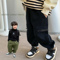 Childrens 2022 Winter pants boys and girls baby thickened composite silver fox velvet handsome zipper pocket overalls fashion